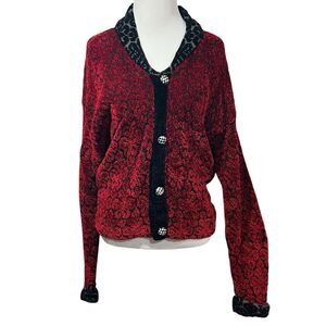 Vintage Dia Cardigan Sweater L Red Black Chenille Wool USA Unique Button Grandma